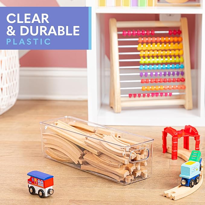 Plastic Food Storage 2 Pack Clear Container Bin with Handles for Organizing Kitchen, Pantry, Refrigerator, Freezer, Pantry, Cabinet, Closet, Bathroom. 14”X4”x4”