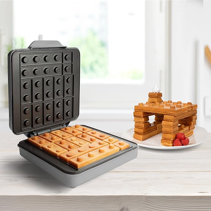 Waffle Wow! Building Brick Electric Waffle Maker - GREY with 2 Construction Eating Plates - Cook Fun Buildable Waffles in Minutes- Revolutionize Breakfast - Stack & Build on Serving Dishes Great Gift