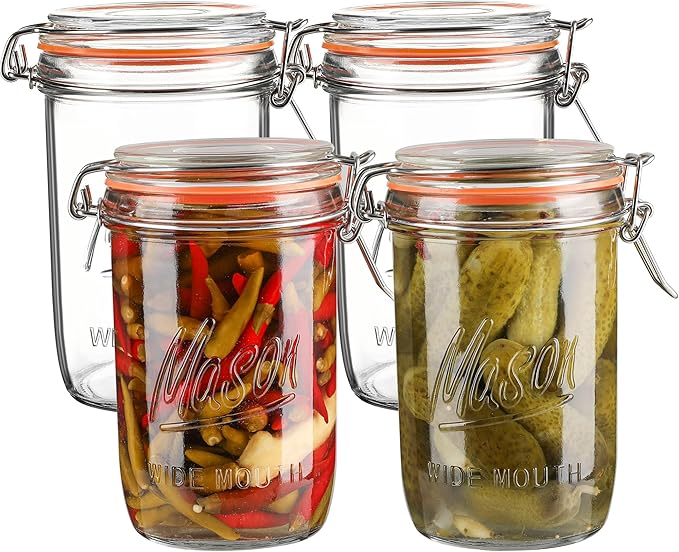 24oz Wide Mouth Mason Jars – 4 Pack Glass Jars with Airtight Lids for Canning, Pickling, Meal Prep, Jam, Jelly, Overnight Oats & DIY Projects