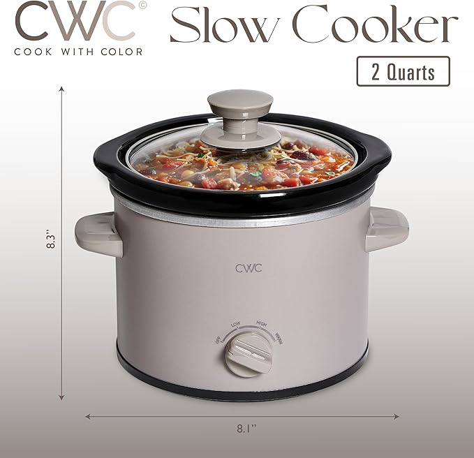 COOK WITH COLOR 2QT Mini Electric Round Slow Cooker - Adjustable Settings, Removable Stoneware Pot, Tempered Glass Lid, Dishwasher Safe, Cool-Touch Side Handles, Greige