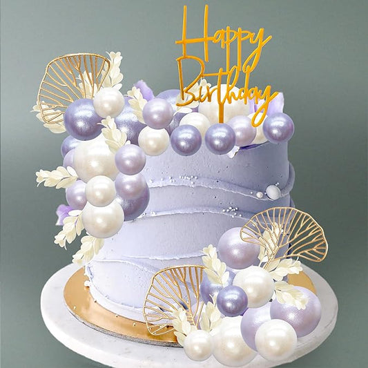 Gyufise 57Pcs Purple Balls Cake Topper Boho Grass Cake topper Pearl Balls Acrylic Happy Birthday Cake Decorations for Wedding Baby Shower Birthday Boho Themed Party Supplies Pearl Purple
