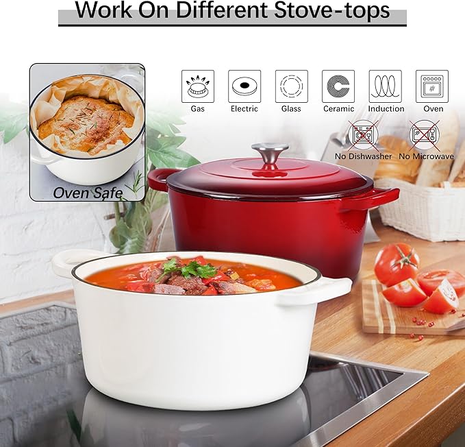 E-far 7QT Enameled Dutch Oven, Cast Iron Dutch Oven Pot with Lid for Cooking/Bread Baking/Braising/Roasting/Stewing, Heavy Duty Round Nonstick Cookware Safe for Induction & Oven - White