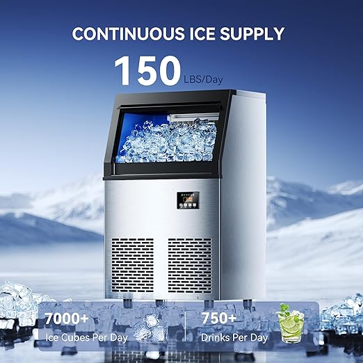 150 lbs/24H Commercial Ice Maker Machine,45 Cubes/6mins, 35 lbs Ice Storage Capacity, Under Counter Ice Maker Self Cleaning, Stainless Steel Freestanding Ice Maker for Home Bar Restaurant