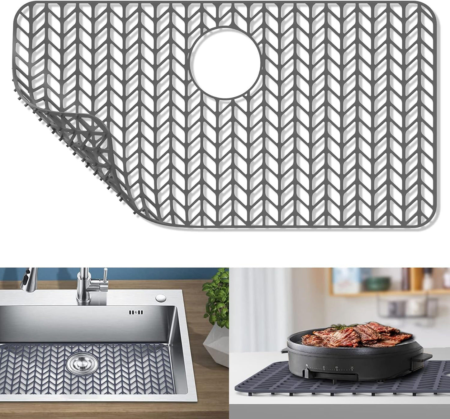 GUUKIN Sink Protectors for Kitchen Sink - 28.4"x 15.2" Silicone Kitchen Sink Mat Grid for Bottom of Farmhouse Stainless Steel Porcelain Sink with Rear Drain（Grey）, 2815B
