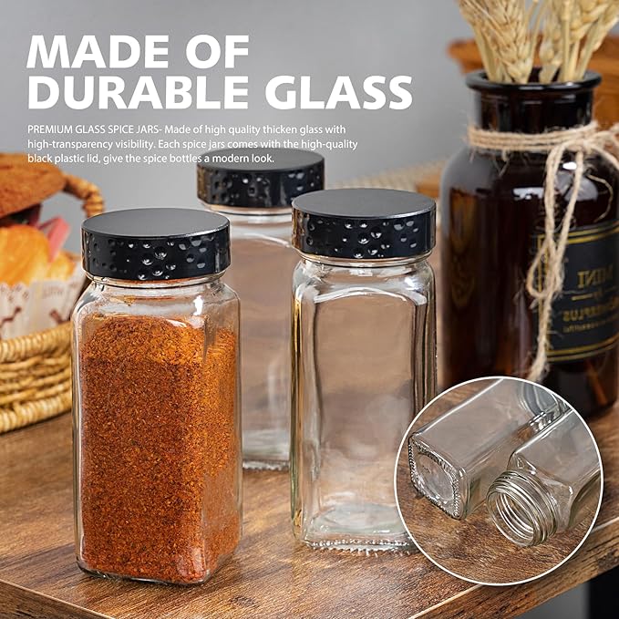 6pcs Black Spice Jars, 4 oz Glass Seasoning Bottles, Spices Container, Empty Spice Jars, Square Spice Bottles with Airtight Plastic Caps with Shaker Lids