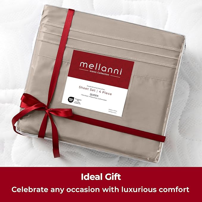 Mellanni Extra Deep King Sheets - 4 PC Iconic Collection Bedding - Hotel Luxury, Ultra Soft, Cooling Bed Sheets - Wrinkle, Fade, Stain Resistant (King, Tan)