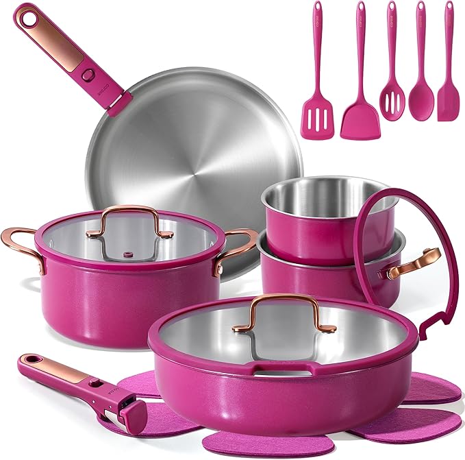 CAROTE 19pcs Tri-Ply Stainless Steel Cookware Set with Detachable Handle, Pots and Pans Set, Induction Kitchen Cooking Sets, RV/Camping Cookware, Outer Ceramic Layer, Oven Safe, Violet Purple