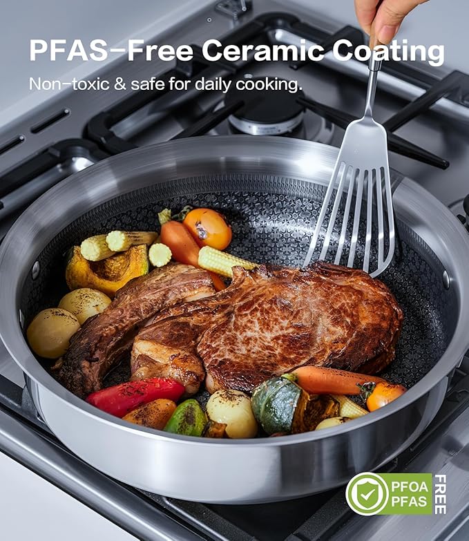 Saute Pan with Lid–12 Inch Deep Frying Pan 5.5qt for Stir-Fry & Searing,5-Ply Stainless Steel Saute Pan Nonstick Non Toxic, PTFE & PFOA Free Non Stick Skillet,Induction, Oven & Dishwasher Safe