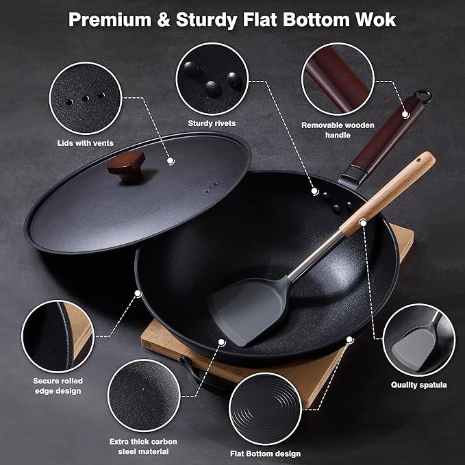 Carbon Steel Wok -13 Inch Woks & Stir-fry Pans Nonstick, Wok Pan with Lid Spatula and Dish Brush: Pre-Seasoned Flat Bottom Chinese Woks for Induction, Electric, Gas, All Stoves