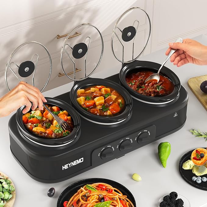 Triple Slow Cooker, 3 X 1.5QT Slow Cooker with 3 Cooking Settings, Buffet Servers and Warmers with Dishwasher-Safe Ceramic Pot, Glass Lid, Black