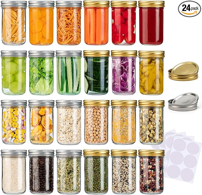 Mason Jars 8 oz, 24 Pack Canning jars 8 oz Jelly Jars With Regular Lids and Bands, Half Pint Glass Jars Ideal for Jam, Honey, Wedding Favors, Shower Favors