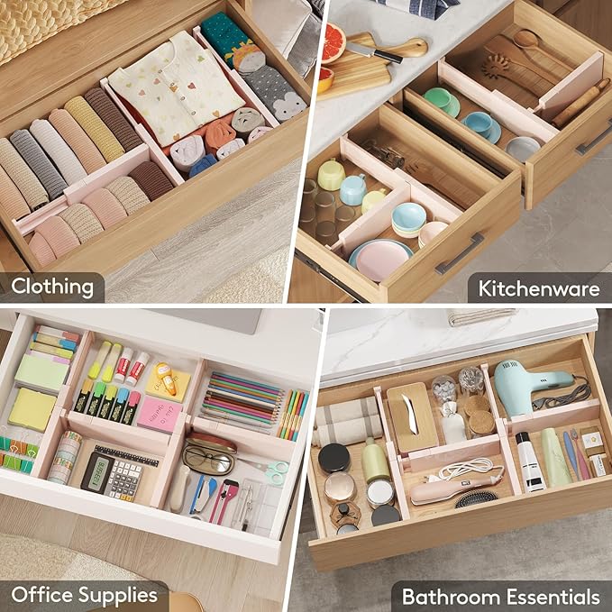 Lifewit 16 Pack Drawer Dividers 4" High, 11-17" Adjustable Drawer Organizers for Clothes, Expandable Dresser Separators in Bedroom/Bathroom/Kitchen/Fridge/Office Organization and Storage, Pink