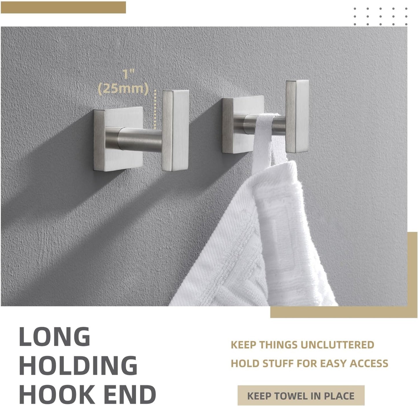 Angle Simple Bathroom Towel Hook 2 Pack, SUS304 Stainless Steel Bath Robe Holder, Modern Coat Hook Wall Mounted, Brushed Nickel