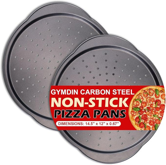 Pizza Pan for Oven - 13" Round Pizza Pans with Holes(2 Pack), Non-stick Carbon Steel Pizza Trays with Handle, Easy to Clean & Oven Safe