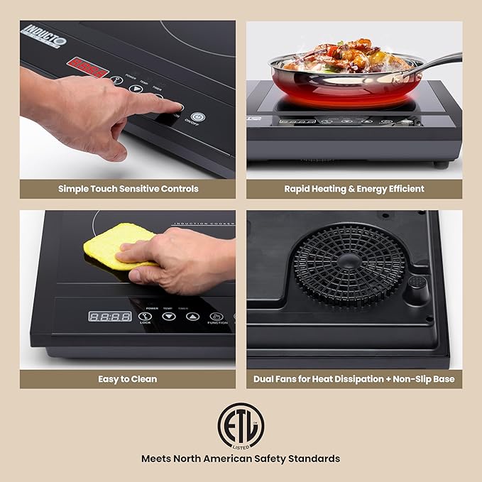 Homewell Inducto Dual Induction Cooktop Countertop Burner, Portable Electric Cooktop with Two Heating Zones, Energy-Efficient Countertop Stove, Easy-to-Clean Glass Surface, Black 1800W