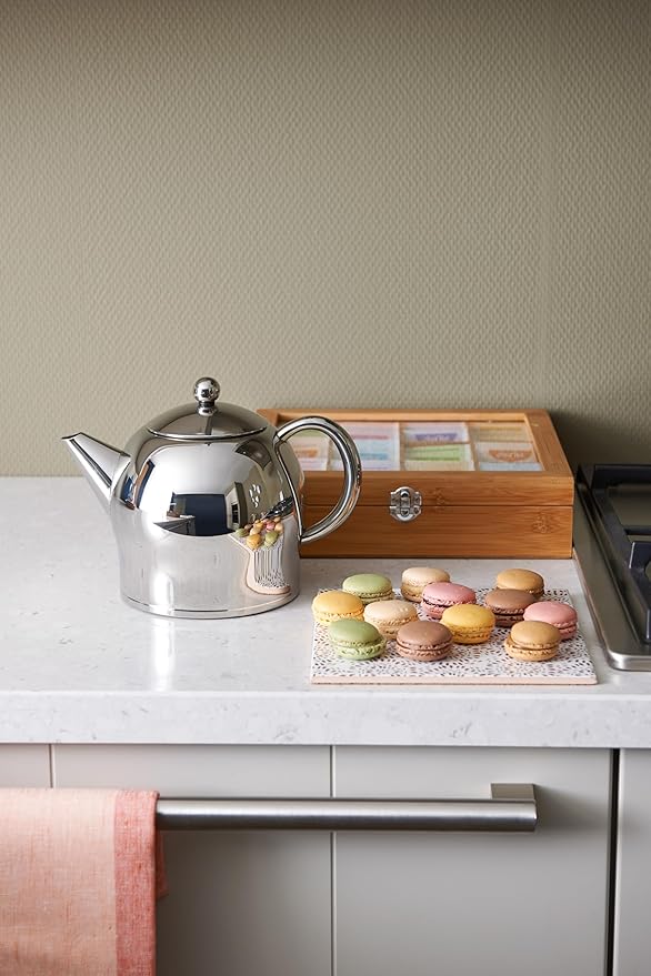 Santhee Double Walled Teapot, 1.4-Liter Stainless Steel Glossy Finish with Glossy Accents