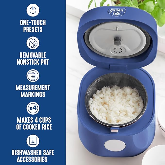 GreenLife Digital Rice Cooker, 2-Cups Uncooked/4-Cups Cooked, Removable Nonstick Ceramic PFAS-Free Pot, One-Touch Presets, Oats, Quinoa, Brown Rice, Auto Keep Warm, Fuzzy Logic Tech, 1.5 QT, Navy Blue