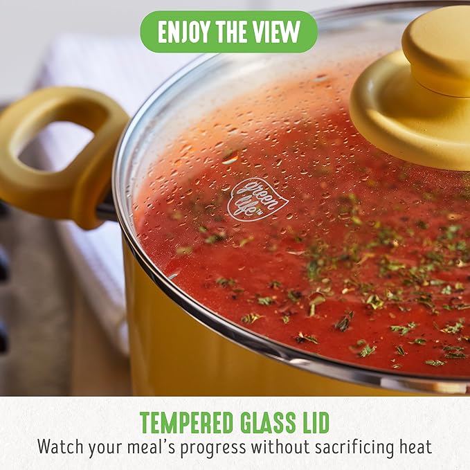 GreenLife 16 Piece Nonstick Cookware Set, Soft Grip Non-Toxic PFAS-Free Ceramic Pots & Pans, Dishwasher & Oven Safe, Frying, Sauce, Saute, Utensils, Glass Lids, Stay-Cool Handles, Wobble Free, Yellow