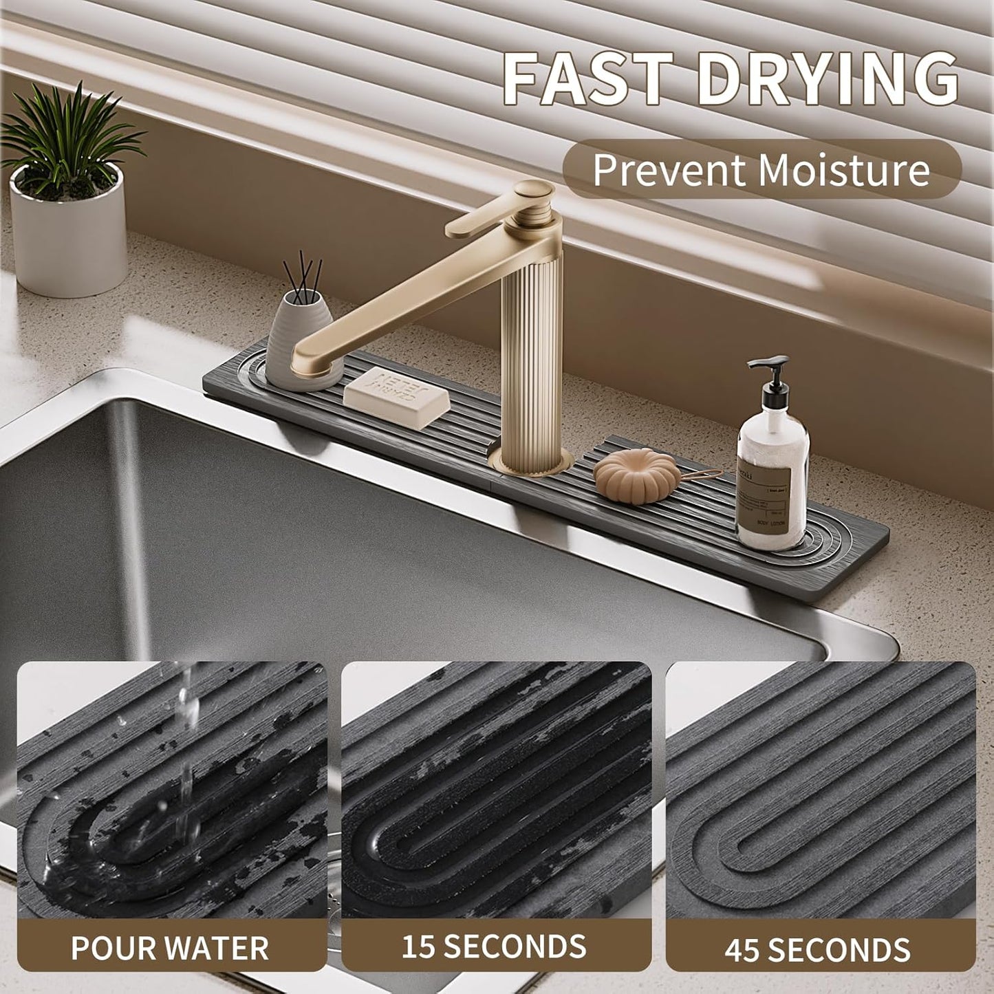 Faucet Mat for Kitchen Sink, Diatomite Stone Drying Sink Protectors, Bathroom Faucet Splash Guard, Quick Dry Water Absorbing, Non-Slip Stone Tray for Kitchen Counter, Grey, 20" x 3.9"