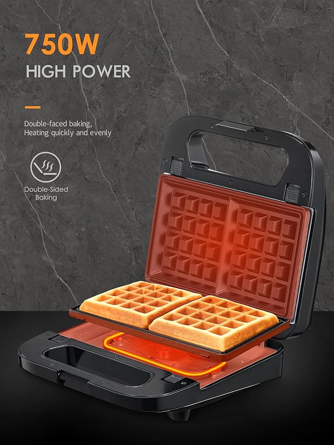 3-in-1 Waffle, Grill & Sandwich Maker, Panini Press Grill and Waffle Iron Set with Removable Non-Stick Plates, Perfect for Cooking Grilled Cheese, Tuna Melts, Burgers, Steaks and Snacks, Black (3 in1 Sandwich Maker All Stainless Steel)