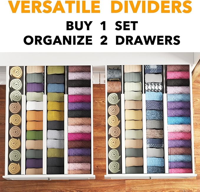 SpaceAid Bamboo Dresser Drawer Dividers 6 Pack, 4.65“ High Adjustable 17“-22” Drawer Organizers, Expandable Organization for Clothing, Clothes, Dressers, White