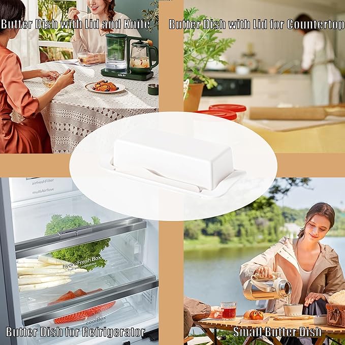 Butter Dish with Lid for Countertop, Butter Dish with Knife, Butter Keeper for Kitchen or Fridge, Bamboo Fiber Butter Tray, Butter Holder for 1 Stick Butter, BPA-free, Dishwasher Safe(White)