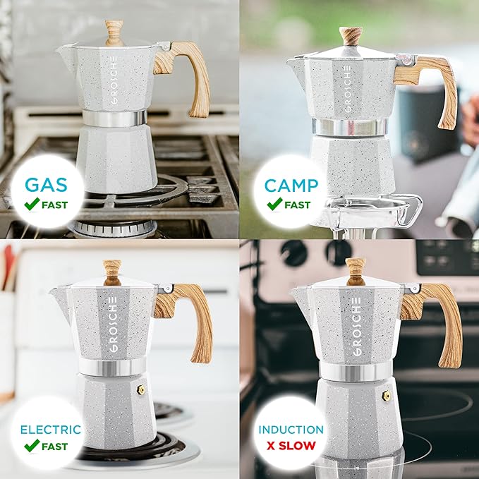 GROSCHE Milano Moka pot, Stovetop Espresso maker, Greca Coffee Maker, Stovetop coffee maker and espresso maker percolator (Grey, 6 cup)