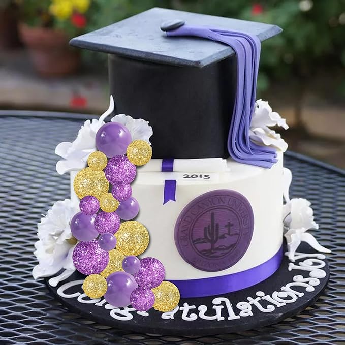 BEISHIDA 40 Pcs Ball Cake Toppers Mini Balls Cake Decorations Purple Gold Foam Balls DIY Cake Topper for Baking Congrats Grade 2025 Graduation Birthday Mardi Gras Lakers Decorations (Purple Gold)