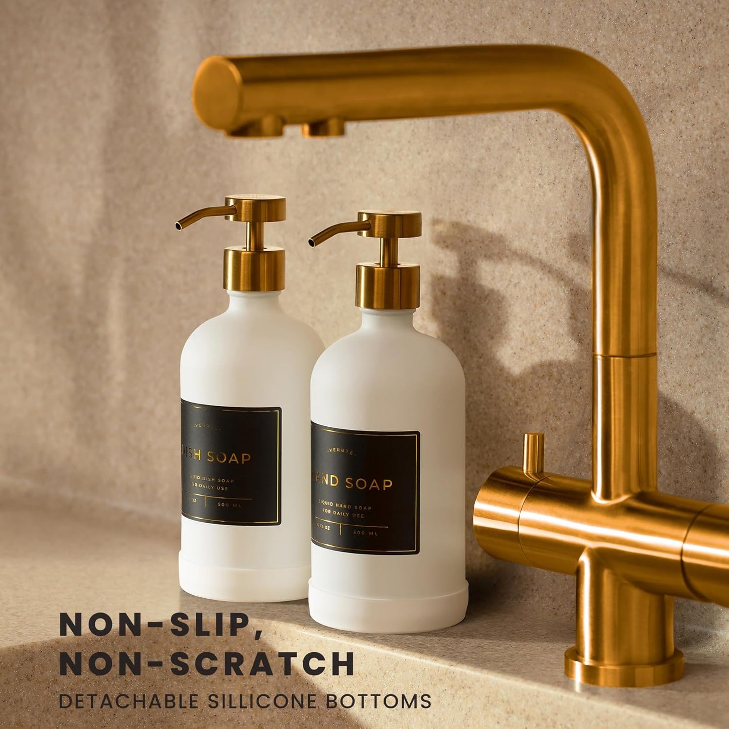 16oz Glass Soap Dispenser with Stainless Steel Pump, 21 Waterproof Labels, Non-Slip Protective Silicone Pad, Set of 2 for Bathroom & Kitchen (Matte White Bottle/Brushed Gold Pump)