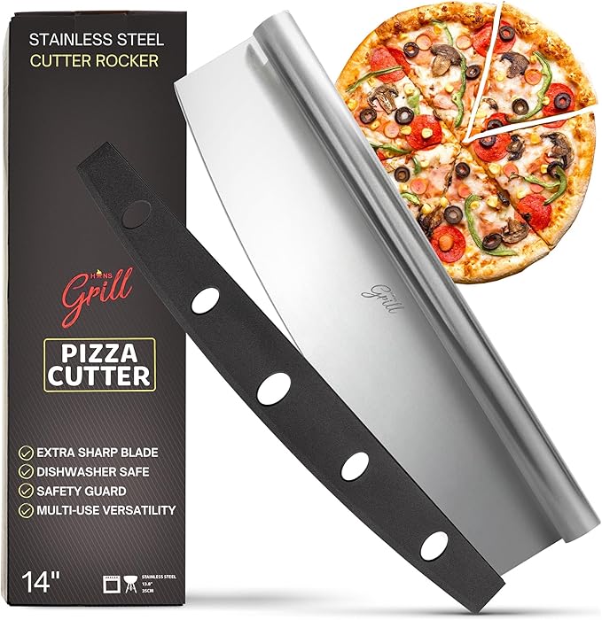 Pizza Cutter Rocker Blade By Hans Grill 14" Large Pizza Slicer Sharp | Stainless Steel Rocking Pizza Knife Cutter | Professional Nonstick Pizza Cutter Rocker Knife With Safety Cover | Dishwasher Safe