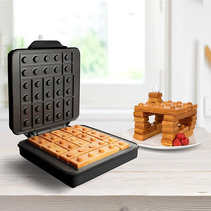 Building Brick Electric Waffle Maker- BLACK with 2 Construction Eating Plates- Cook Fun, Buildable Waffles or Pancakes in Minutes - Stack & Build Creations on Serving Dishes, Family Fun Activity Gift