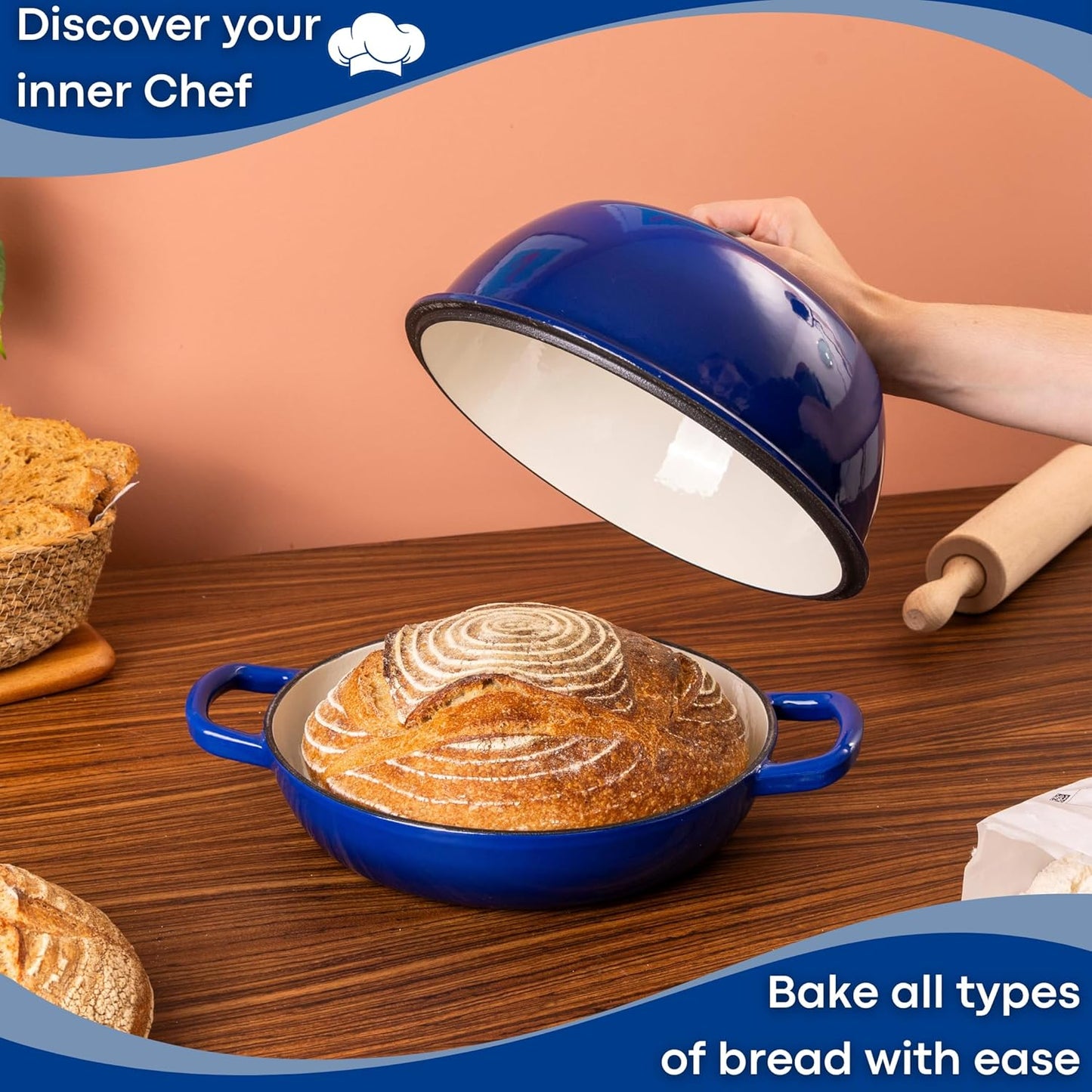 Enamelled Cast Iron Dutch Oven Pot – Dutch Oven For Sourdough Bread Baking – Cast Iron Bread Pot – Dark Blue, 6 Quarts, 22cm – by Nuovva