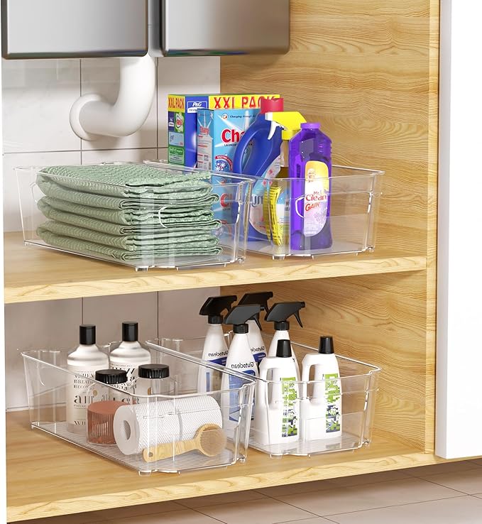 Clear Fridge Organizer, Refrigerator Organizer Bins with Handle, Freezer, Kitchen Cabinet, Pantry Organization, BPA Free Fridge Organizers (12.4 inch 4 Pack)