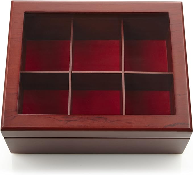 Tea Box - Luxury Wooden Tea Bag Organizer from The Apace Premier Collection - 6 Compartment Tea Storage Chest Container - Elegantly Handmade w/Scratch Resistant Window
