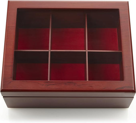 Tea Box - Luxury Wooden Tea Bag Organizer from The Apace Premier Collection - 6 Compartment Tea Storage Chest Container - Elegantly Handmade w/Scratch Resistant Window