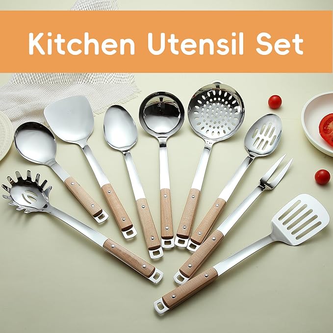 9pcs Cooking Utensils Set 304 Stainless Steel Kitchen Utensils with Wooden Hanlde Metal Kitchen Utensils Soup Ladle Set Dishwasher Safe Kitchen Essentials Set Kitchen Tool Set, Dishwasher Safe