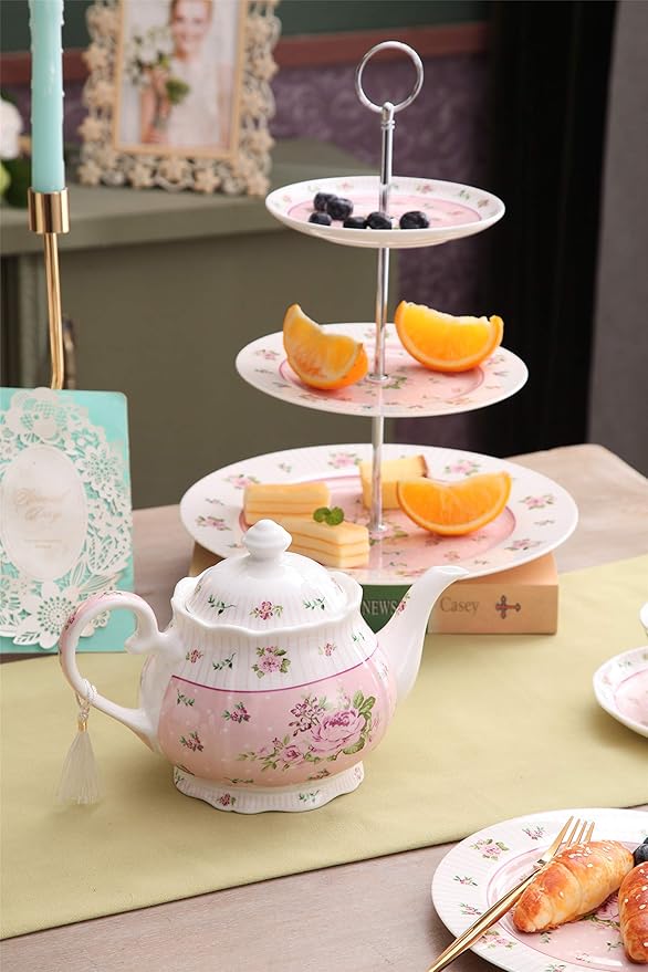 London Boutique Porcelain Teapot Sugar Bowl and Cream Milk Jug Shabby Chic Vintage Floral in Gift box 40oz (Teapot Rose Pink)