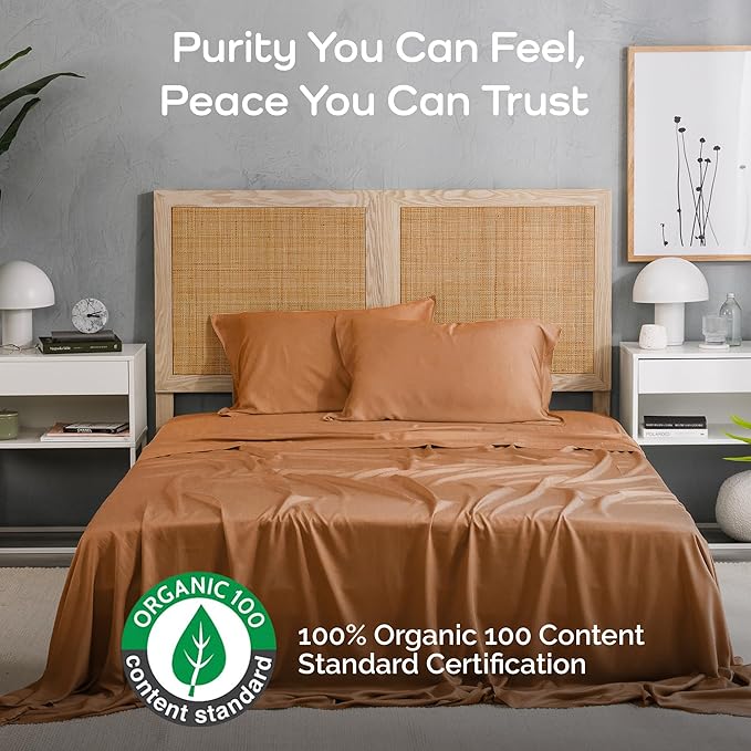 100% Viscose from Bamboo Sheets Full Size, Super Soft Bedding Set, 4PC Cooling Sheets for Hot Sleepers, Vegan Silk Moisture Wicking, Organically Grown Bedsheet, Almond - 54" x 75"