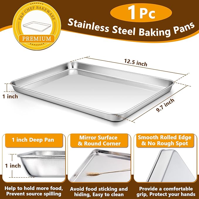 P&P CHEF 12.5 Inch Baking Sheet Pan with Rack Set, Stainless Steel Cookie Sheet Pan Tray with Cooling Rack for Oven Use, Cooking Roasting, Non Toxic & Dishwasher Safe, Heavy Duty
