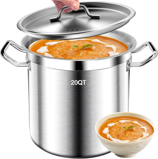 Large Stock Pot - 20QT Stainless Steel Stockpot with Lid, Heavy Duty Tri-Ply Bottom Commercial Grade Soup Pot for Cooking Soup, Stew, Pasta, Oven, Gas, Ceramic, Dishwasher Safe