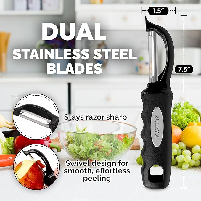 Zulay Kitchen Premium Vegetable Peeler for Kitchen - Swivel Peeler with Razor Sharp Stainless Steel Blades & Strong Ergonomic Handle - Dishwasher Safe, Easy To Use with Blemish Remover - Black