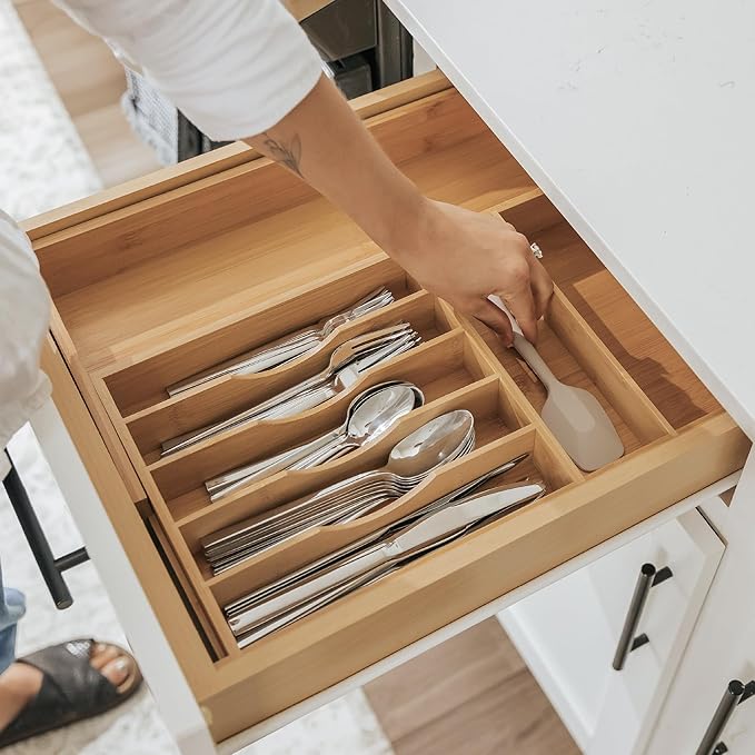 Premium Silverware, Flatware and Utensil Organizer for Kitchen Drawers, Food-Safe Contract Grade, Expandable from 10.5 to 19 In, Natural Bamboo