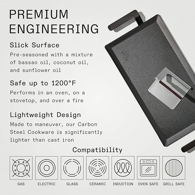 Made In Cookware - Carbon Steel Griddle + Grill Press - (Like Cast Iron, but Better) - Professional Cookware - Crafted in Sweden - Induction Compatible