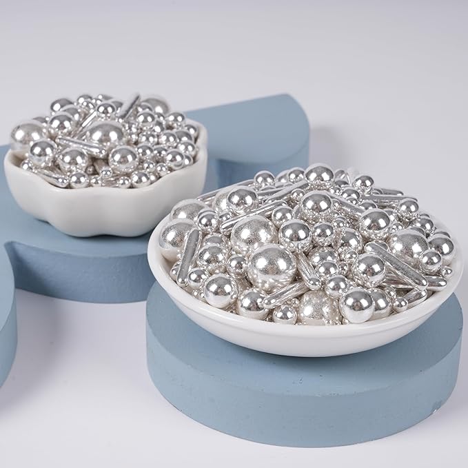 Kasvan silver Mix Sugar Sprinkles - Edible Candy Pearls with 4-Claw Sprinkle Pen,118g/4.16 Oz, Gift Box Pack, Baking Cake Decorations, Ice Cream Toppings and Cookie Decorating, Wedding Party Chirstmas Supplies