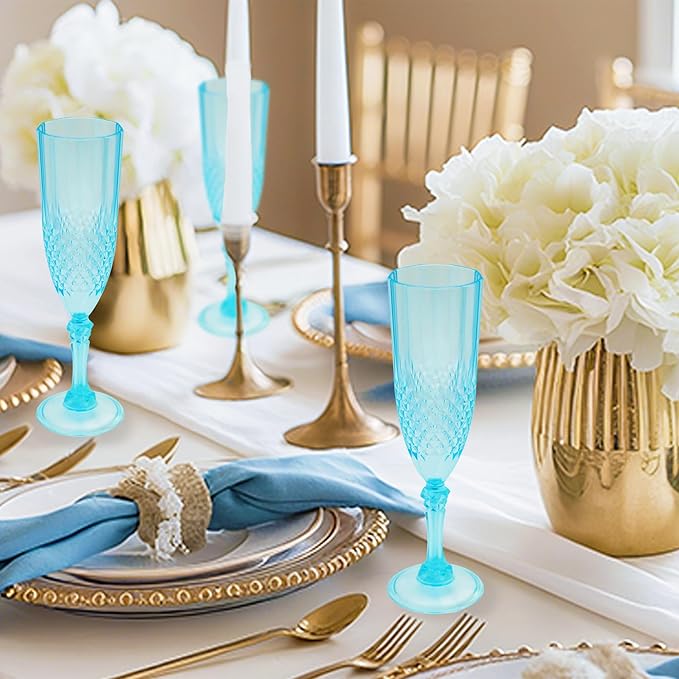 Plastic Champagne Flutes, 24PCS Light Cyan Wine Glasses Goblets Reusable Champagne Flute for Weddings, Bachelor Parties, Toasting, and Events(24,Light Cyan)