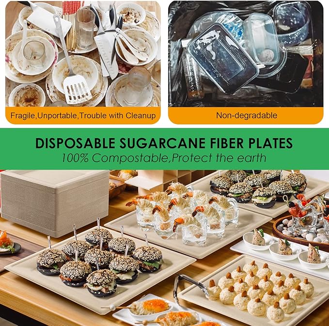 Gezond 100 Pack Compostable Square Plates 10 Inch Disposable Paper Plates Sugarcane Square Dinner Plate Unbleached Eco-friendly Large Plate for Party