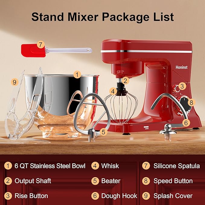 10-Speed Stand Mixer with 8-in-1 Splash Guard, Tilt-Head, 6QT Stainless Steel Bowl + Dishwasher-Safe Dough Hook/Whisk/Beater/Spatula for Baking Bread, Cakes, Cookies, Red