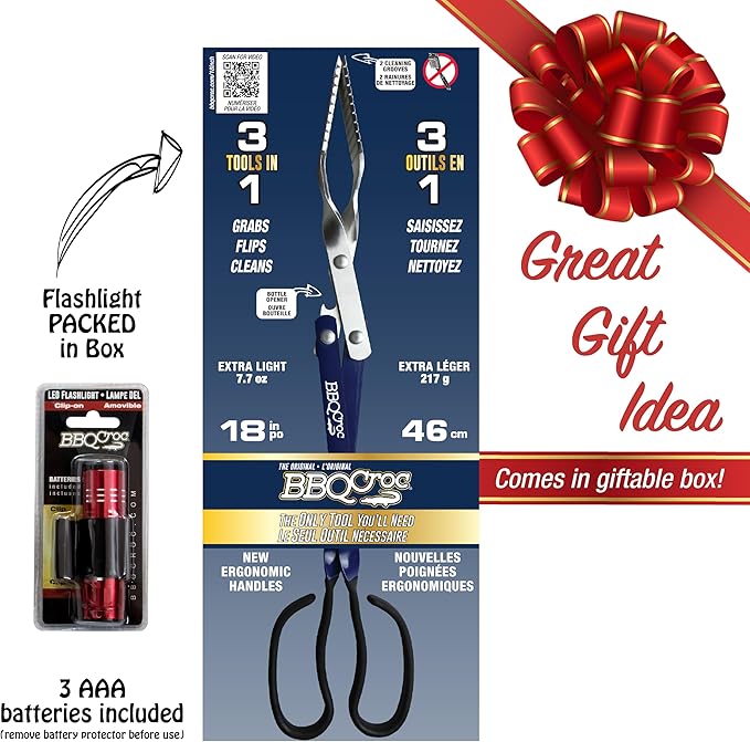 BBQ Croc 3 in 1 Barbecue Tool 18-inch - Extra Light and Long Tongs, Spatula and Grill Scraper (Blue) (18 inch with Flashlight)