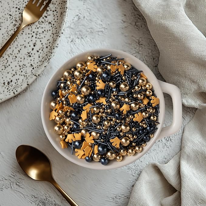 Royal Crown Black and Gold Sprinkles for Cake Decorating 4.23ounce - Sugar Mix Contains Jimmies & Pearl Sprinkles for Cupcake Toppers, Ice Cream, Candy, Cookie Decorations - Holiday Party Supplies
