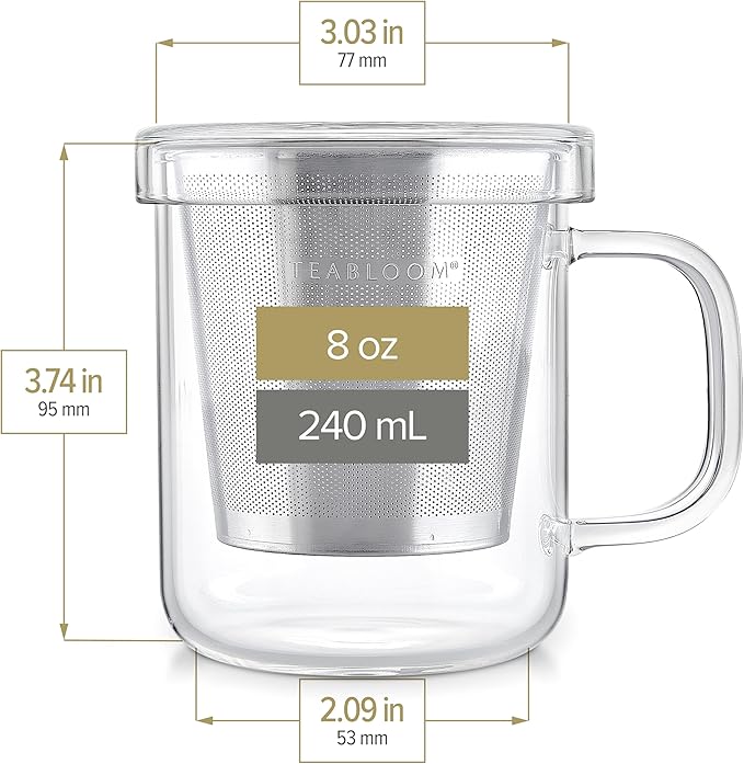 Teabloom Premium Borosilicate Glass Mug with Stainless Steel Loose Leaf Tea Infuser and Lid/Dish - 8 Ounces (240 mL)